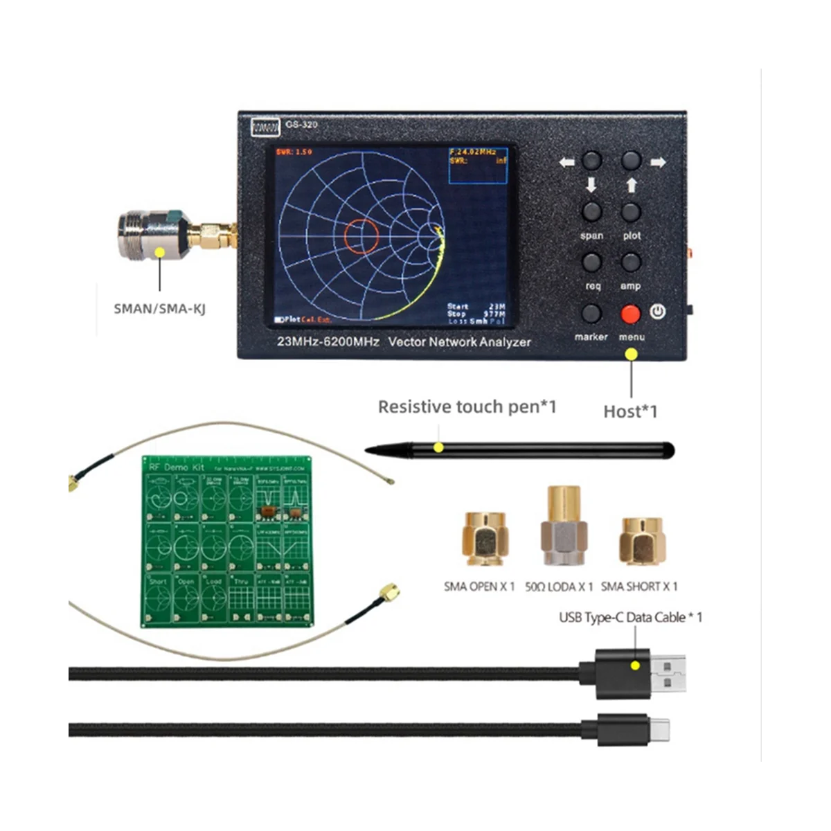 Portable VNA SWR 6GHZ Vector Network Analyzer Reflectometer GS-320 23-6200Mhz for Nanovna Type,Touch Screen with RF DEMO