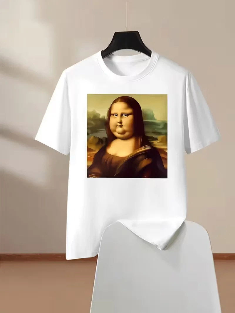 Vintage Distressed Funny Chubby Mona Lisa Print T Shirt Retro Art Parody Graphic Short Sleeve Tee For  Women Streetwear