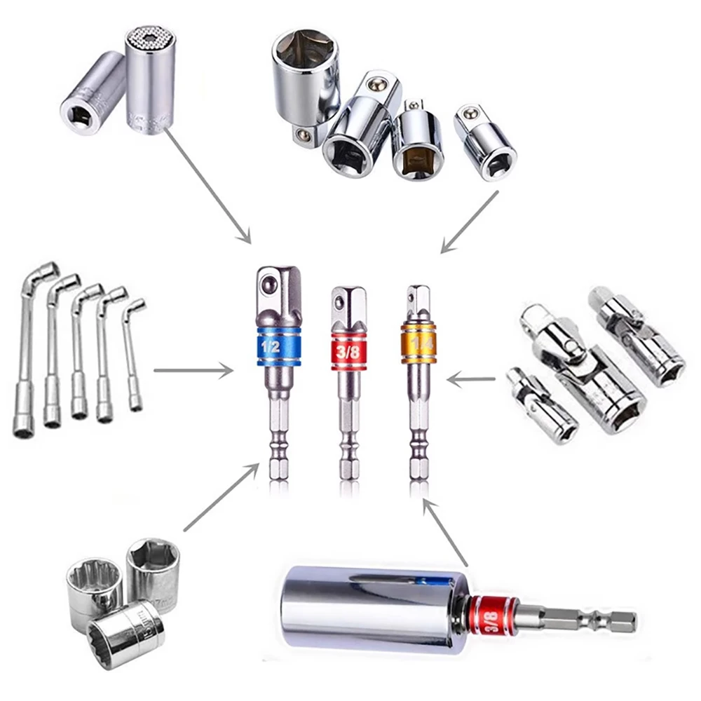 

Drill Socket Adapter Kit Impact Drill Extension Bit Socket Adapter Kit 1/4'' 3/8'' 1/2'' Square Head 1/4'' Hex Shank Drill Tools