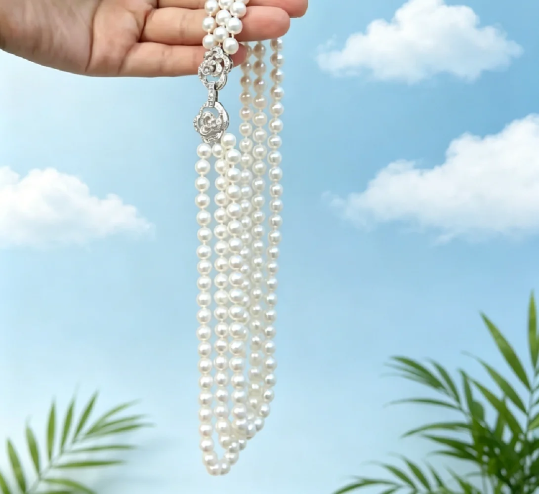 Beautiful Design/3 Rows AAA7-8mm Natural Akoya White Pearl Necklace 16-17-18in/Supports Customized Sizes