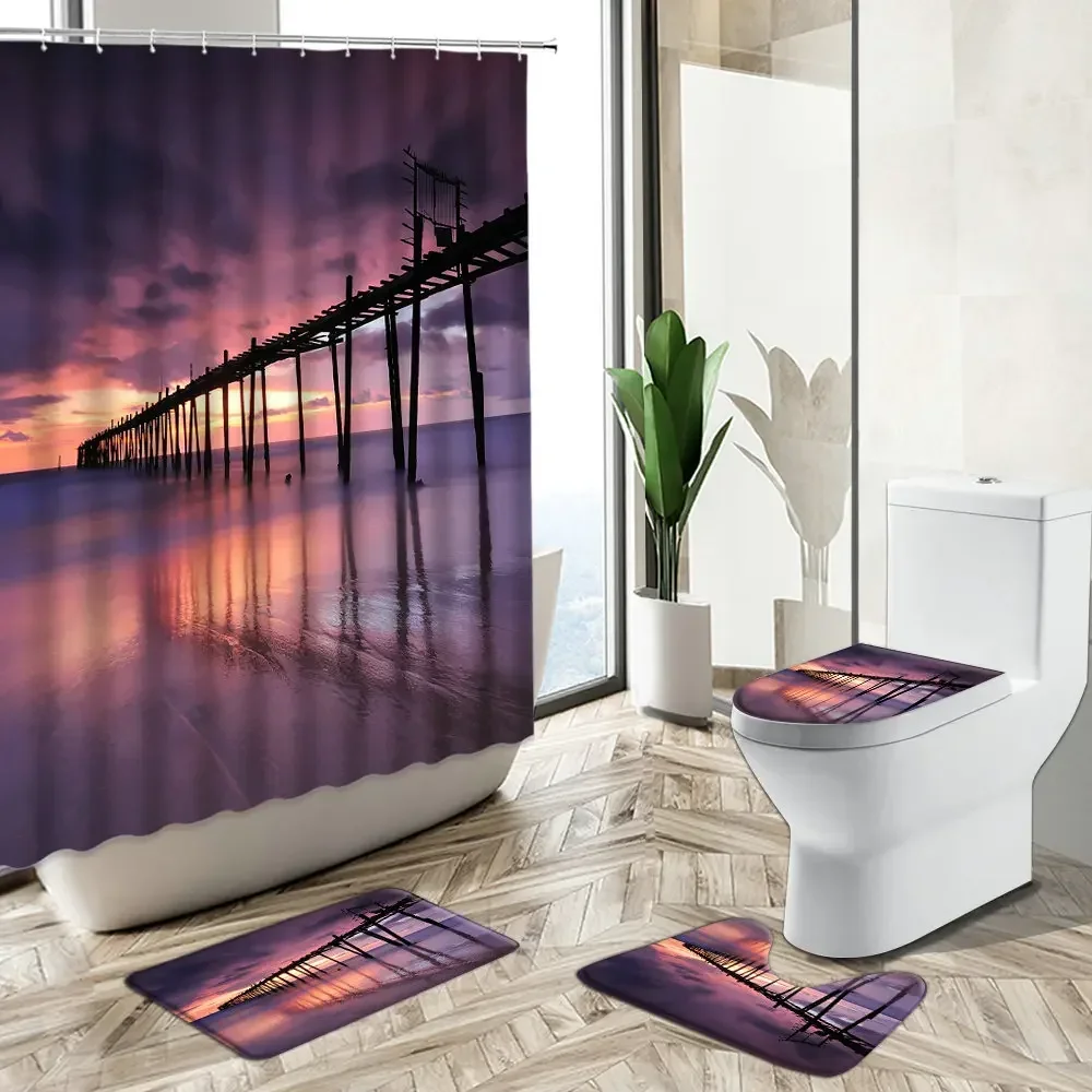 Ocean Natural Scenery Shower Curtain Sunset Evening View Pier Boat Bathroom Non-Slip Carpet Toilet Cover Floor Mat Set Washable