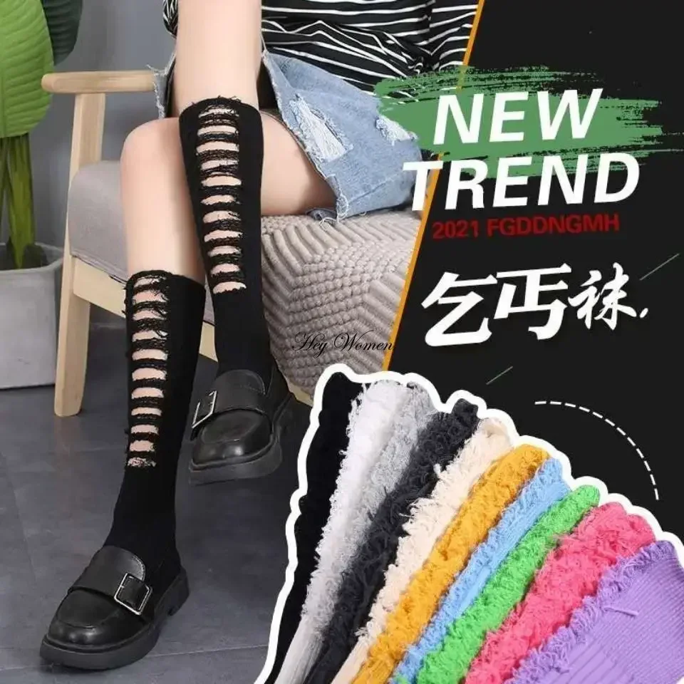 Punk Broken Cotton Socks Medium Long Tube Pile Pile Socks Gothic Ripped Hand Cut Harajuku Stocking Knitting Y2k Women Socks