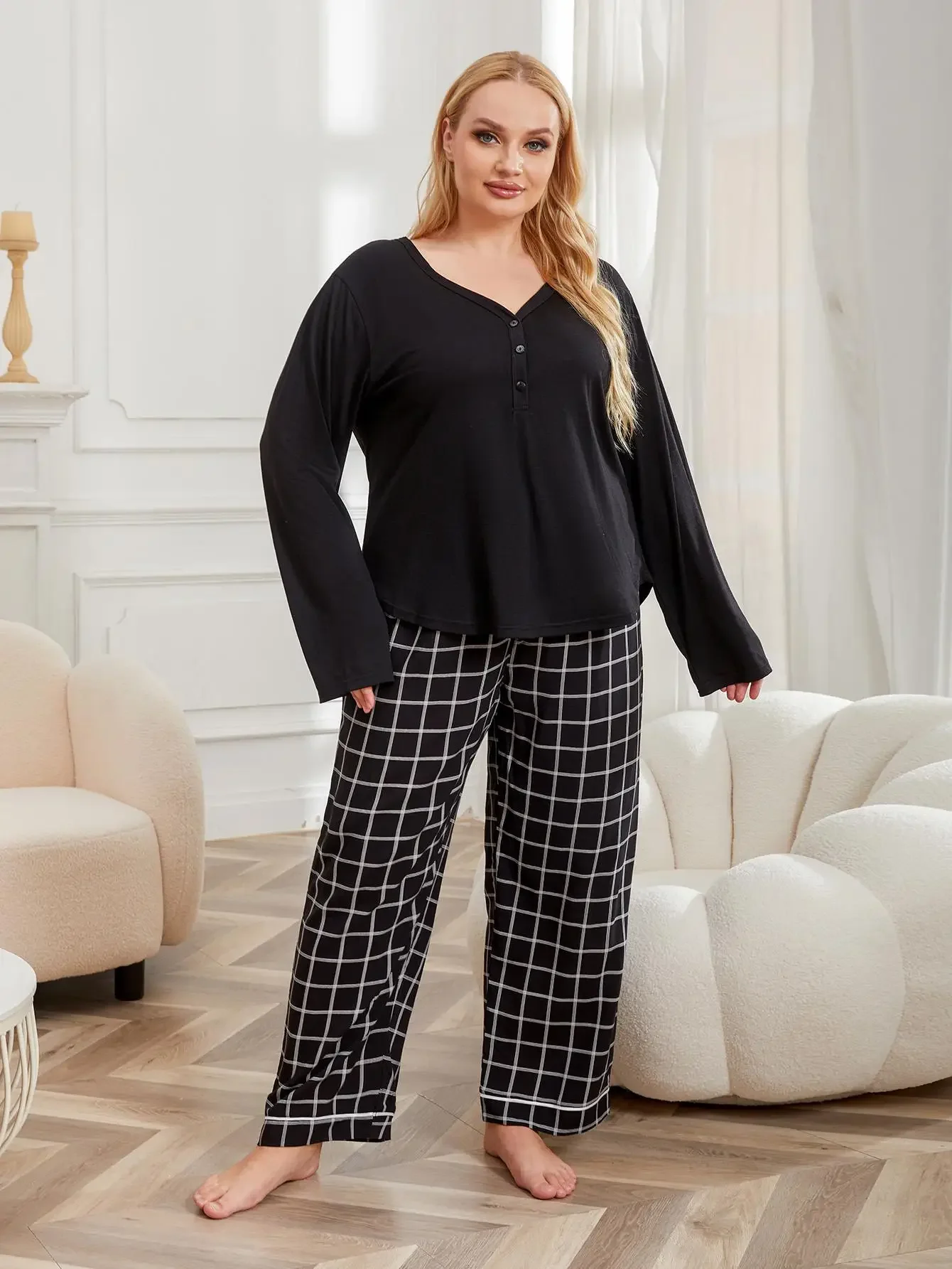 Plus Size Women Pajama Set Solid V Neck Button Top & Plaid Drawstring Waist Pants Female Sleepwear 2 Pieces Nightwear Homewear