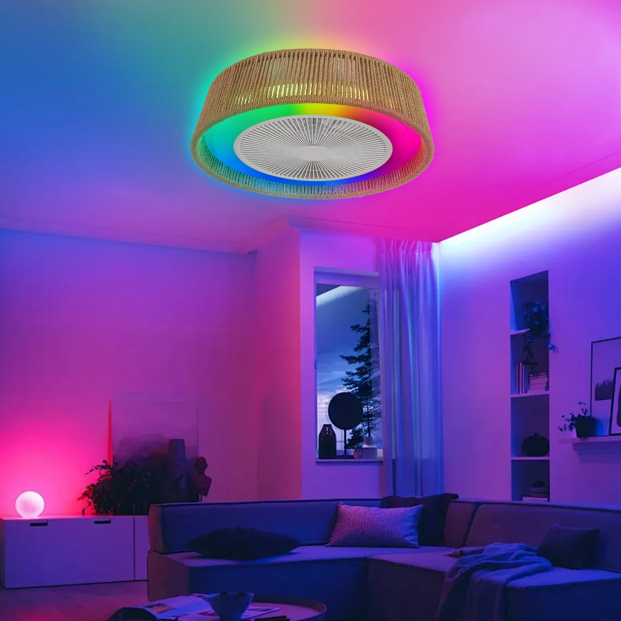 

21" Modern Rustic Ceiling Fan Light with LED RGB Mood Lighting, Rope Woven Design, Quiet Fan, Semi Flush Mount for Bedroom