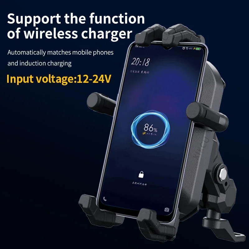 Supporto per telefono per moto antiurto con blocco della luce Specchio per manubrio per caricabatterie wireless da 15 W per supporto per moto da bicicletta per smartphone