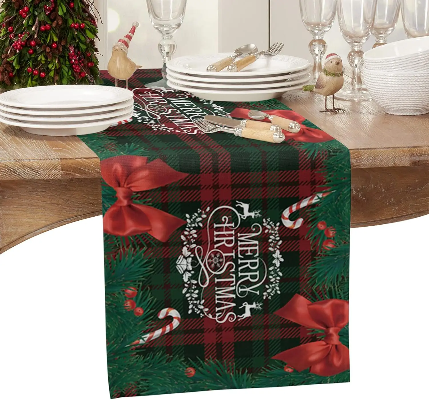 Merry Christmas Pine Branch Bow Candy Canes Plaid Linen Table Runner Table Decor Xmas Kitchen Table Runners Navidad Decorations