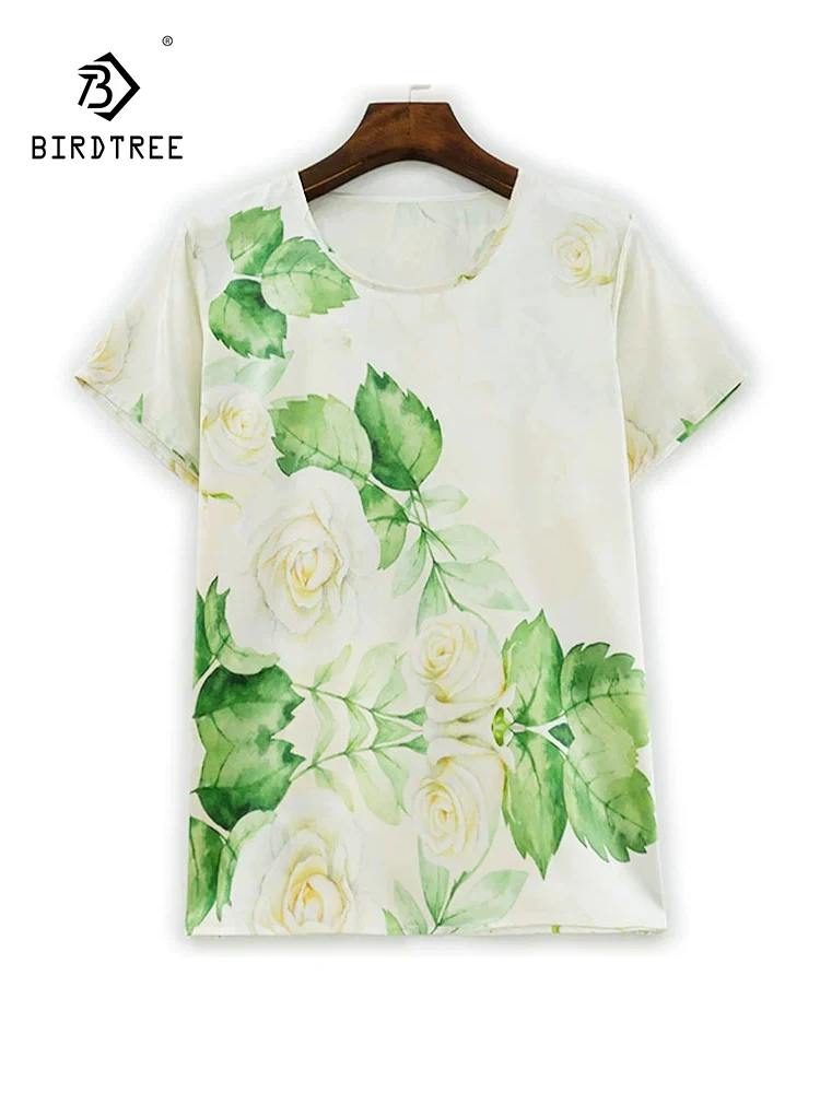 

BirdTree-Silk Elegant T-Shirt, O Neck Short Sleeve Floral Printed, Women Breathable Casual Loose Top, 2025 Winter New T5N031CC