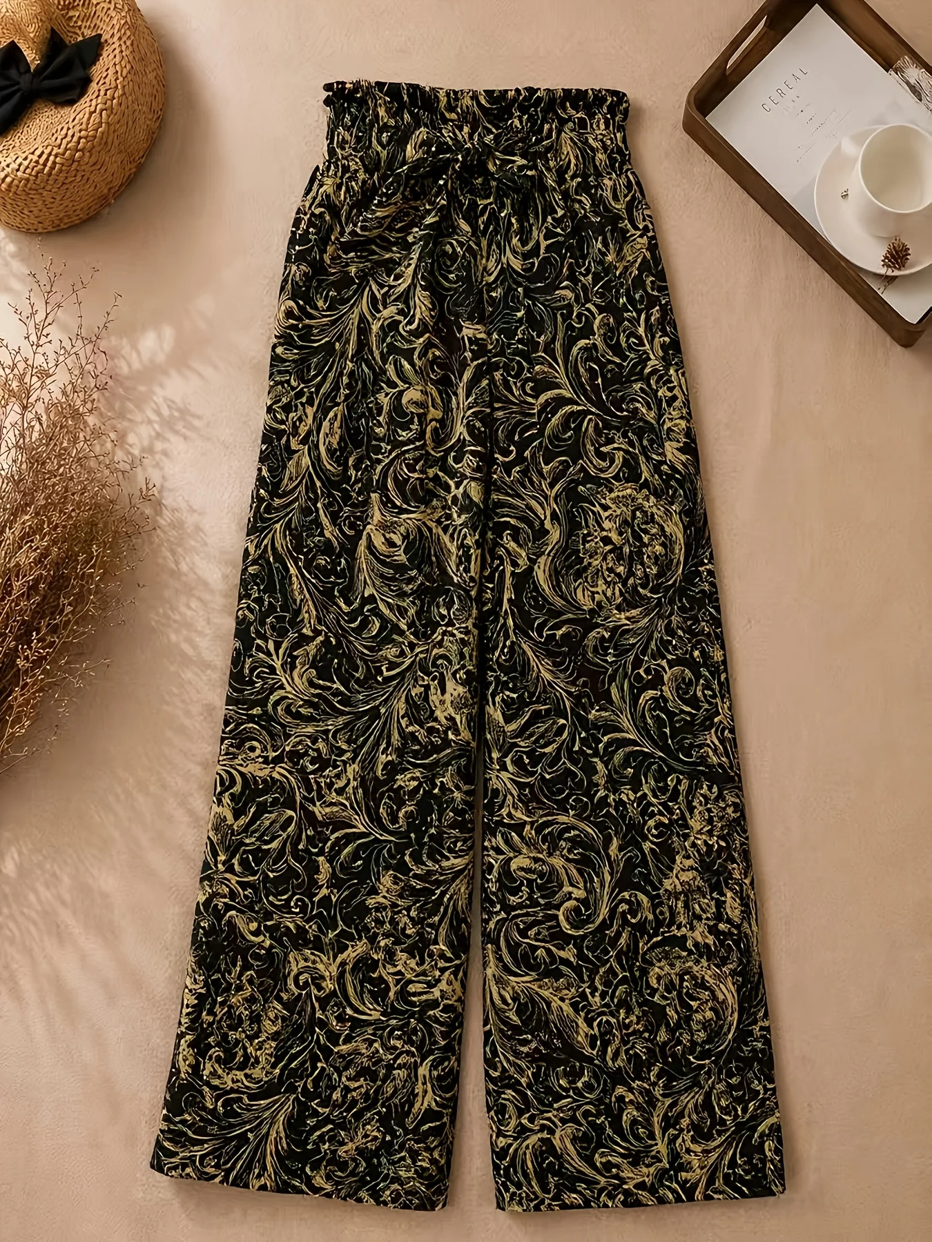Women Paisley Print Wide Leg Pants Black Gold Print High Waist Elastic Waist Draped Casual Trousers