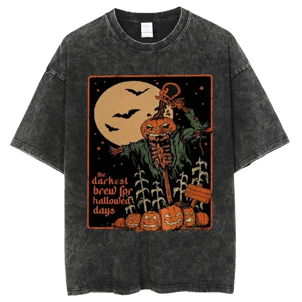 

Harajuku Unisex Washed Halloween T-shirt Y2k Hip Hop T-shirt Retro Denim Shirt Large Short Sleeve Top