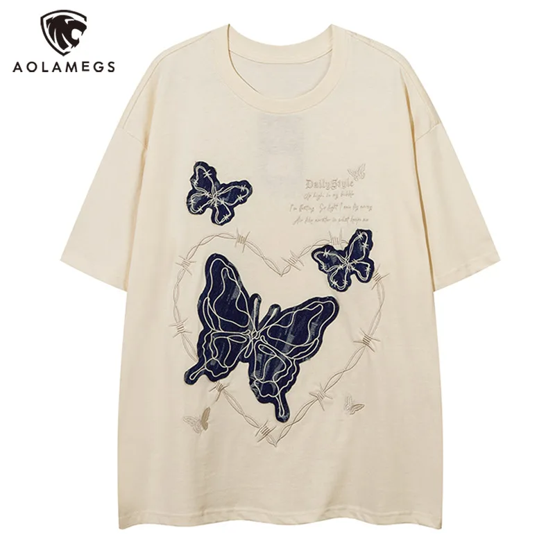 

Aolamegs Y2K Men T Shirts Gothic Butterfly Patchwork Embroidered Tee High Street Retro Cotton Summer Tops 3 Colors Optional