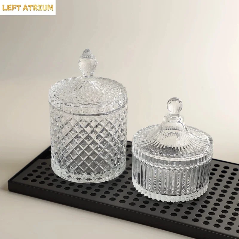 European Style Crystal Glass Storage Jar Creative Candy Jar Home Desktop Jewelry Cosmetic Swab Box Candle Holder Home Decoration