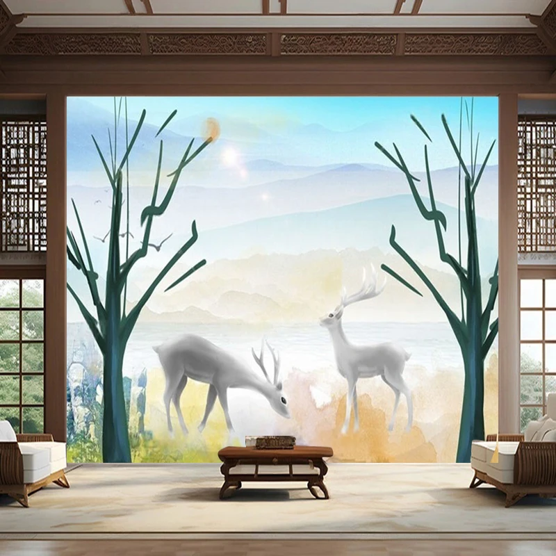 Dreamlike Fairyland Mountains Forests Deer Clear And Natural Scenery Luxurious Home Living Room Decoration Picture Papel Mural