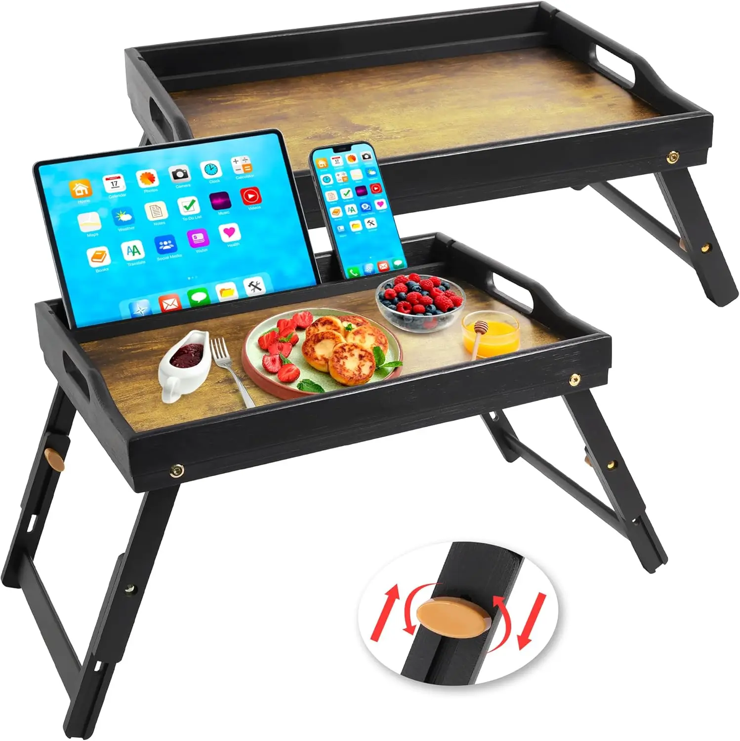 

Foldable Bamboo Bed Tray with Media Slot, Handles, and Rustic Dark Brown Finish for Breakfast or Laptop Use