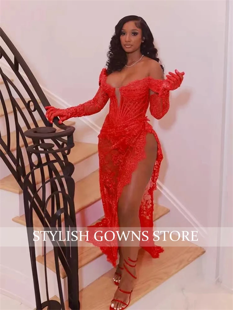 Red Off The Shoulder Long Prom Dress For Black Girls Lace Appliques 2024 Birthday Luxury Dress Split Graduation Gown With Gloves