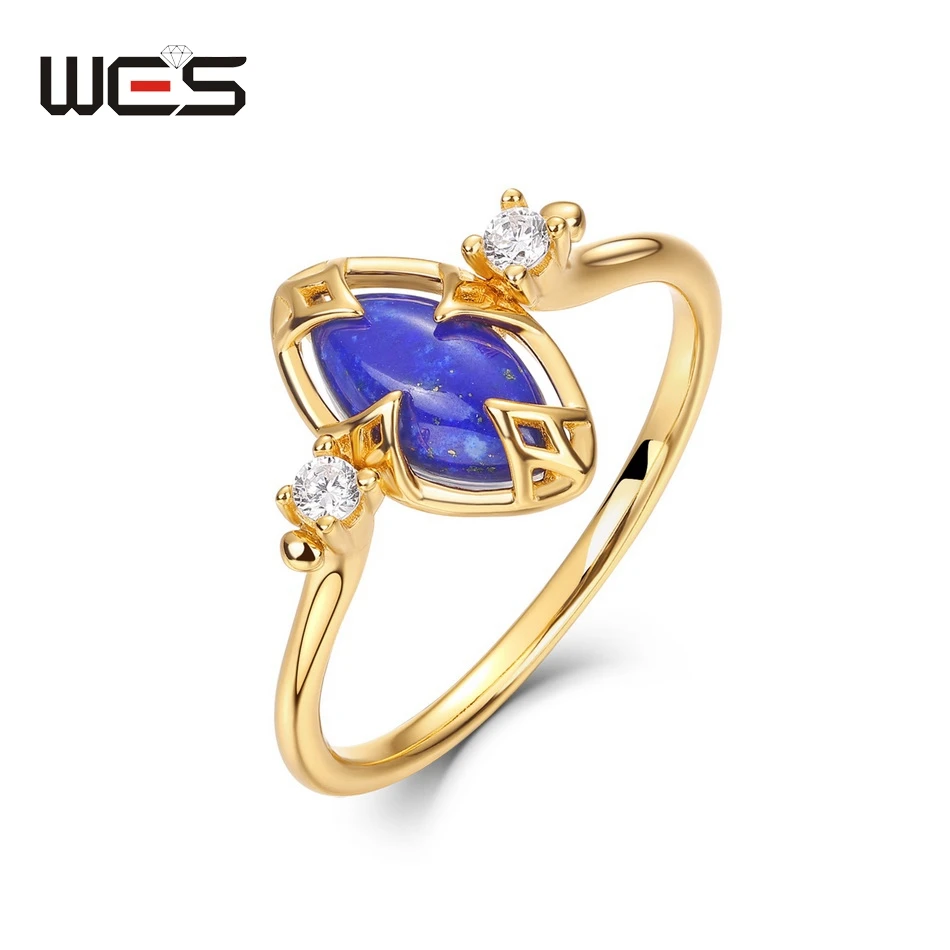 WES 925 Sterling Silver September Birthstone Natural Lapis Lazuli Vintage Ring for Woman Sapphire Birthday Gift Gold Plated