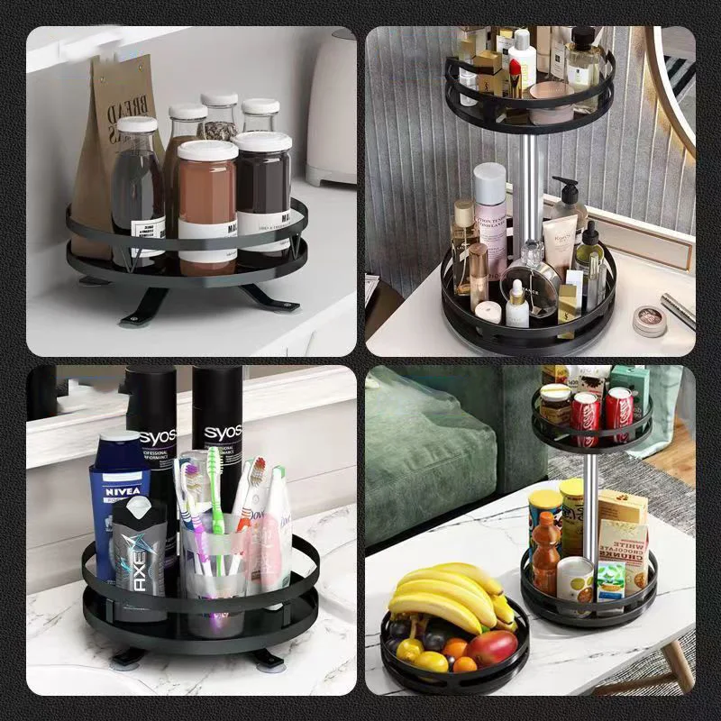 360 Rotation Spice Storage Rack Double Layer Spices Cans Seasonings Rack Non-slip Carbon Steel Storage Tray Kitchen Organizer