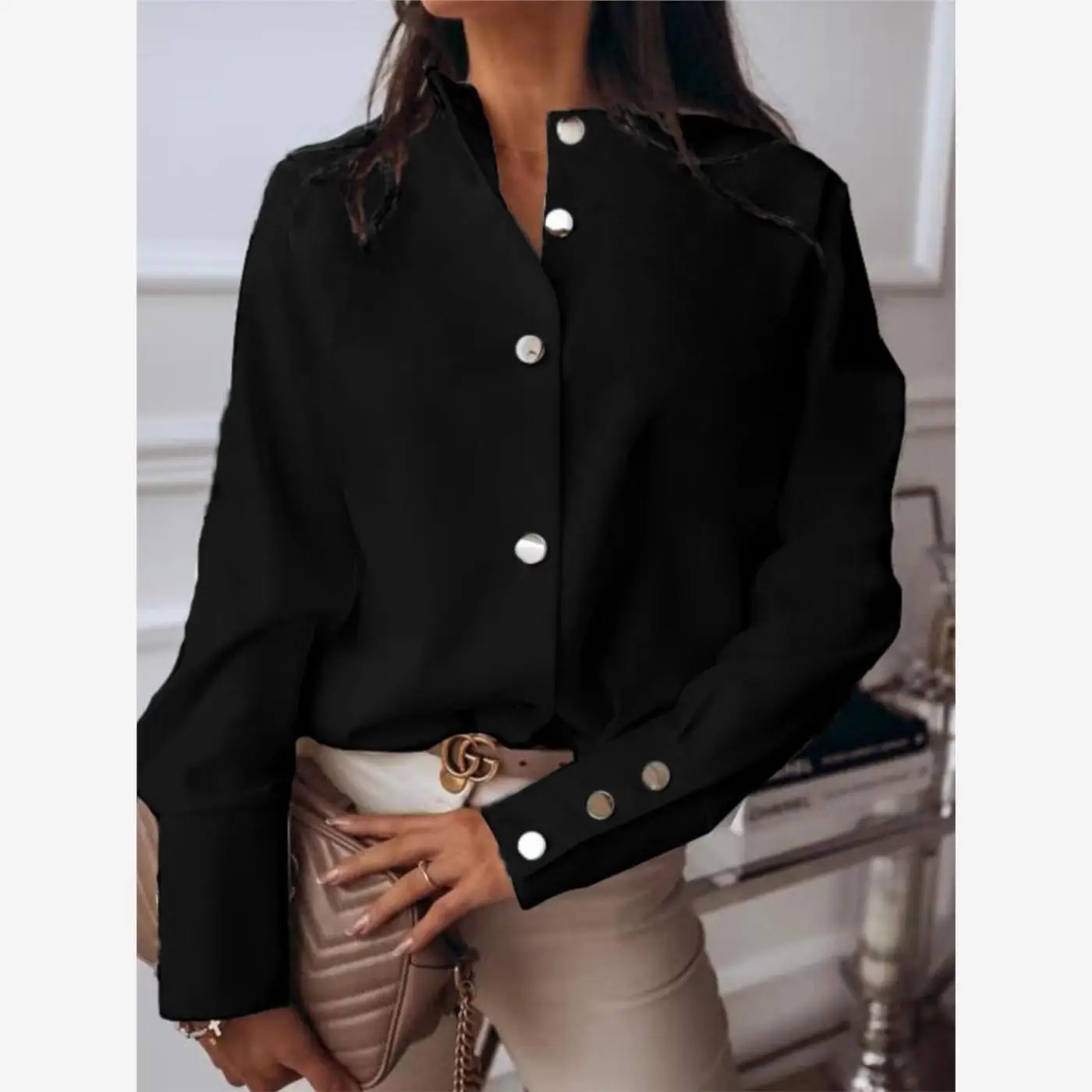 Street Sle Long Sve Camicetta irt da donna taglie forti Vestibilità regolare Bottoni Colore puro Colletto rialzato Primavera Faion Donna...