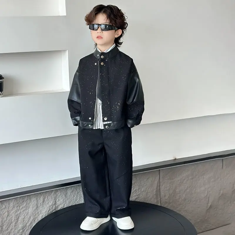 3 PCS set Autumn Spring Boy Retro Stripes TShirt+Shiny Coat+Pants Kid Children baby Gentleman Handsome Streetwear Suits Clothes