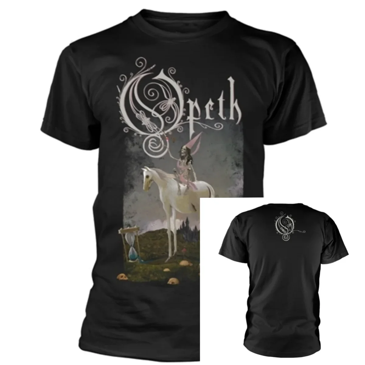 Opeth Graphic T‑Shirt Two‑Sided Gothic Dark Woodcut Theme Print Front Skeleton Lady Crowned with Red Roses