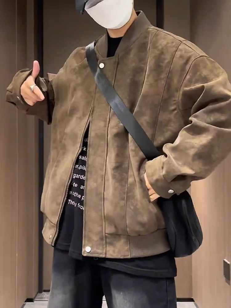 

Brown Suede Baseball Jaet Men's American Retro Cleanfit Mural ort Pilot Coat Loose Fit Iron Free Youth Trend Windproof Zi...
