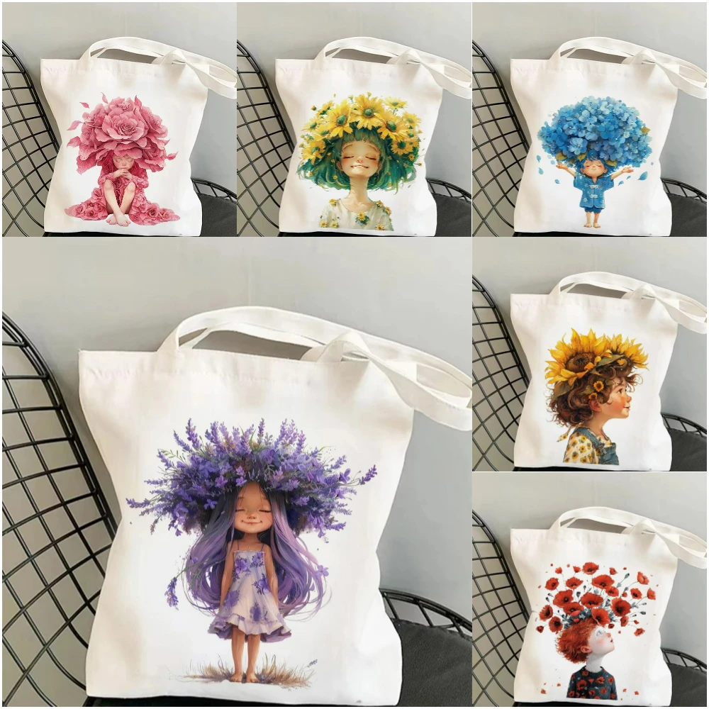 

1pc Animated Floral Fantasy Canvas Bag Playful Anthropomorphic Plant Design Eco Friendly Tote for Daily Use Unique Style ﻿
