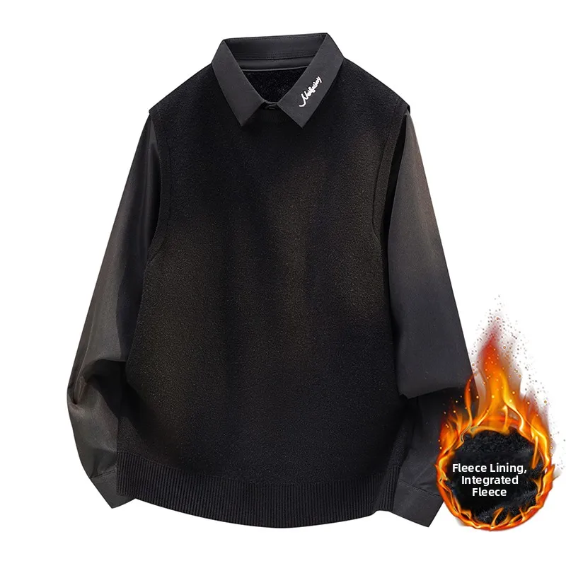 

Мужской вязаный свитер с имитацией двухслойности и воротником-стойкой, теплый, из смесовой шерсти, повседневная зимняя верхняя одежда