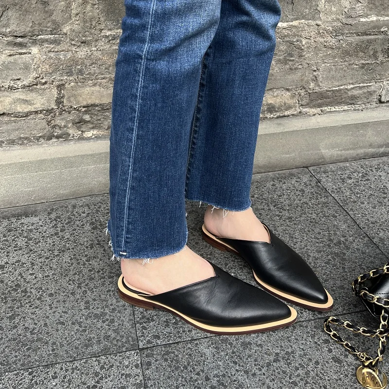 Flat Shoes Woman Slip On Cow Leather Mules Female Muller Shoes Pointed Toe Footwear Basic Style Handmade Ladies Flats Size 40