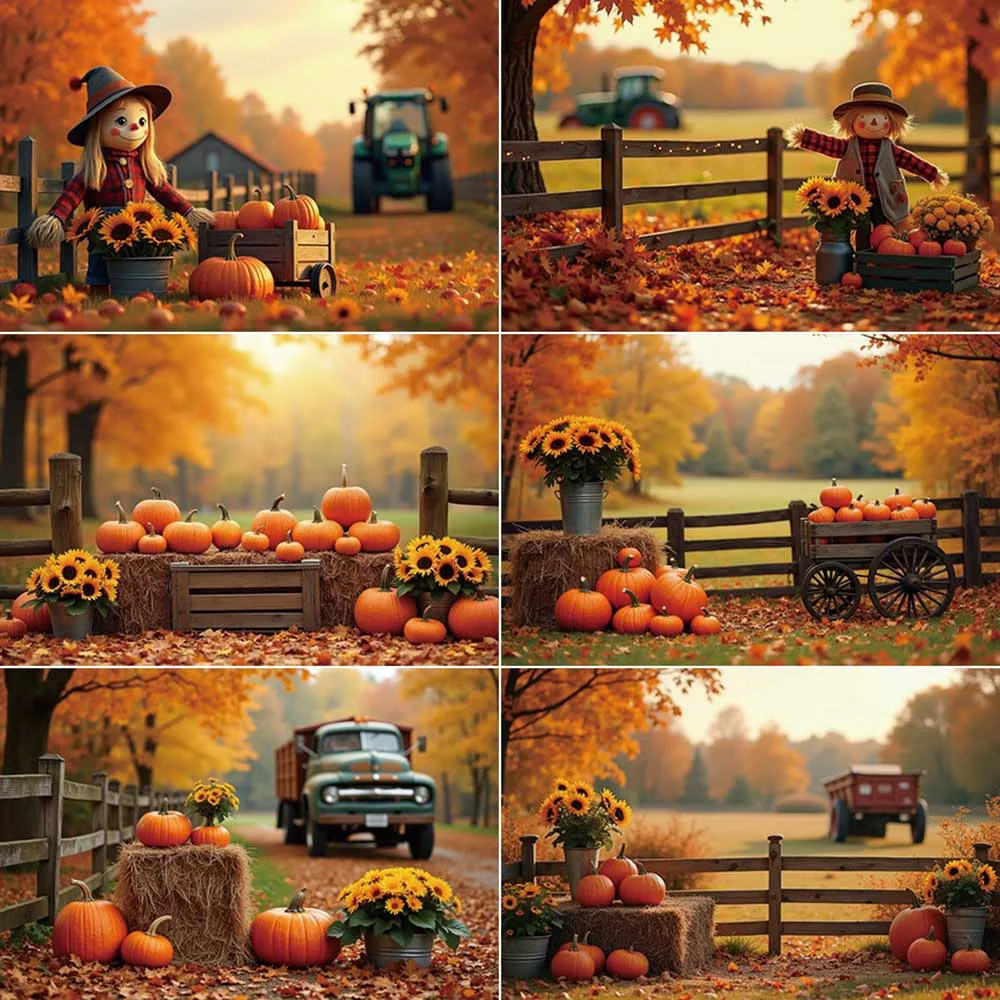 

MOON.QG Autumn Thanksgiving Photography Background Farm Tractor Scarecrow Backdrop Children Village Studio Back Drop Accessories