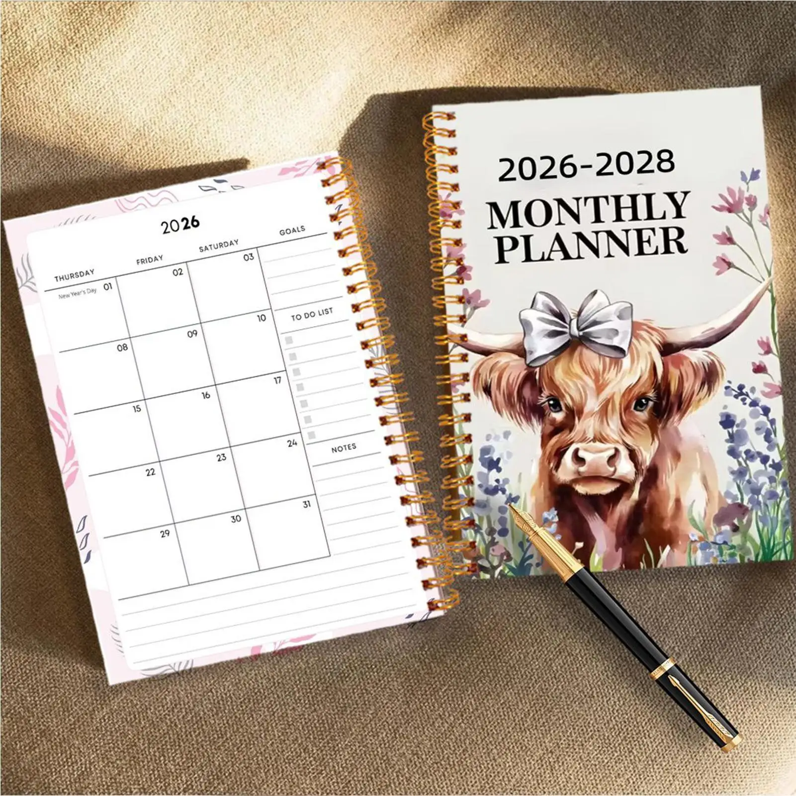 

2026-2028 Monthly Planner 50 Pages Spiral Binding Acedemic Notepad Cattle Pattern Agenda Book For Kids Writing Office School