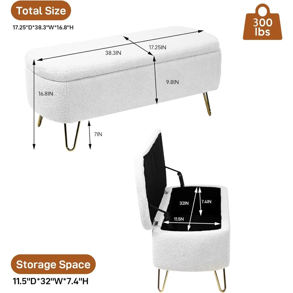 Storage Ottoman Bench for Bedroom, Sherpa Upholstered End of Bed Storage Bench with Gold Legs, Teddy Shoe Seat Storage