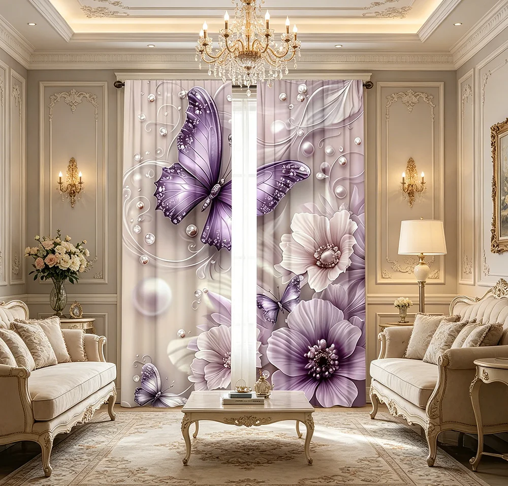 2PCS Digital Printed Curtains, Purple Butterfly Pearl Flower Pattern, Elegant Fantasy Style for Living Room Bedroom Home Decor