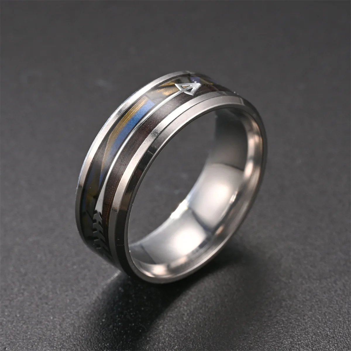 NUOBING New 8MM Men Stainless Steel Ring Natural Rainbow Abalone Shell Inlay Arrow Ring Men Wedding Band Charm Jewelry Gifts