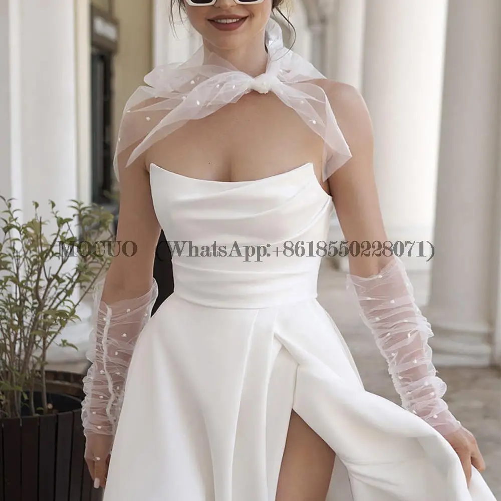 Vestido De novia moderno De satén sin tirantes para novia, abertura alta, sencillo, sin mangas, Espalda descubierta, Sexy, 2023