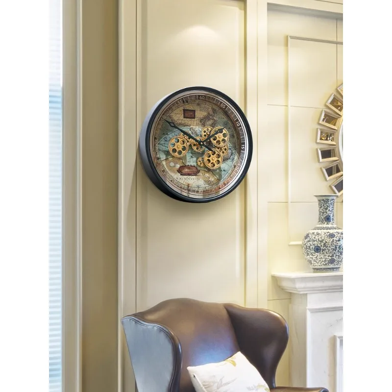 Vintage high-end mid-ancient style living room decoration wall clock round gear art wall clock