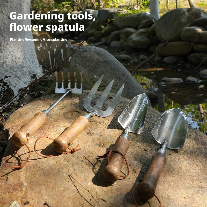 Antique Wood Gardening Household Gardening Shovel Stainless Steel Soil Digging Planting Basin Changing Tool Set Small Shovel Sm
