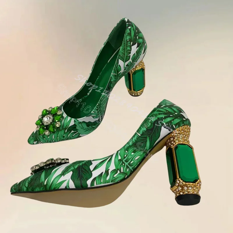 

Green Crystal Flower Floral Print Pointed Toe Pumps Slip On Women Shoes Strange Style Heels Party Feast 2025 Zapatos Para Mujere