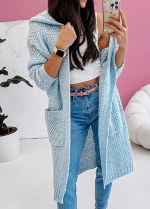 

Sweater women's autumn/winter 2025 new loose hooded long pocket knitted cardigan jacket women's clothing