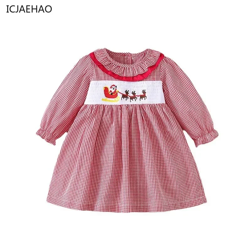 2025 Spring Princess Girls' Dresses Smocking Children Red Plaid Clothes Long-Sleeved Holiday Embroidery Smocked Dresses