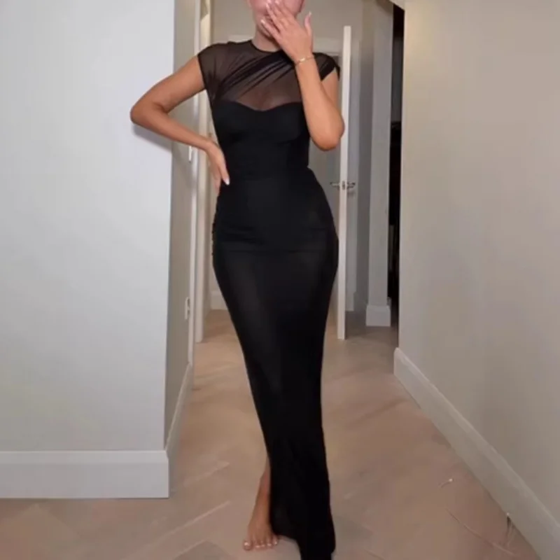 

Женское сетчатое прозрачное облегающее платье без рукавов без подкладки с круглым вырезом, сексуальная однотонная клубная одежда, халат с запахом на бедрах, женский наряд