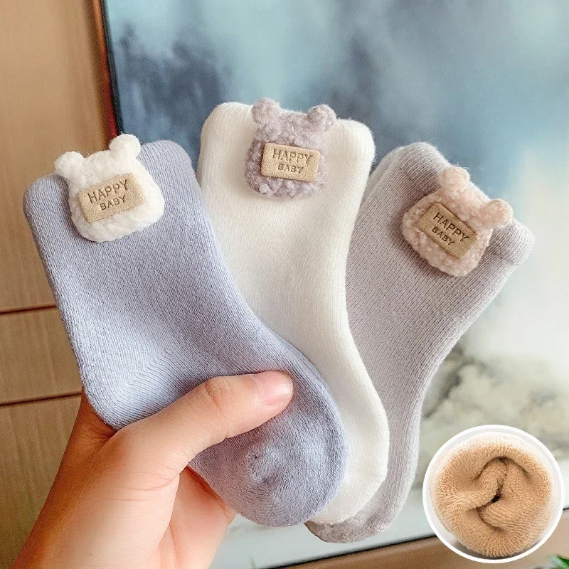 3pcs Children Socks Thicken Autumn Winter Terry-loop Hosiery Baby Boy Girl Cotton Cartoon Socks Warmth Slipper Socks 0-5 Years