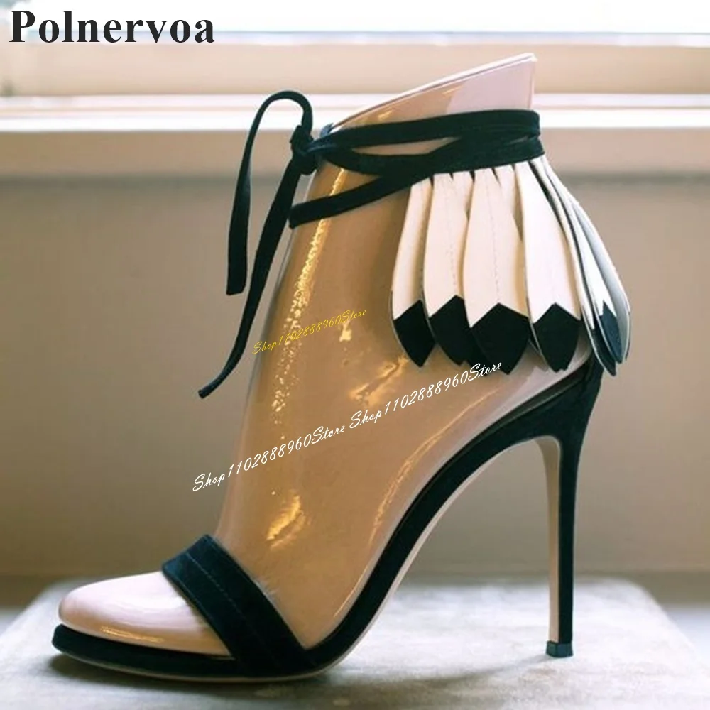 Black And White Cloth Decoration Sandals Thin High Heel Shoes For Women Lace Up Open Toe 2024 Fashionable Zapatos Para Mujere