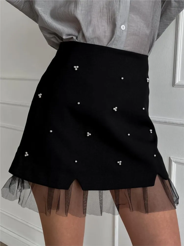 High Waist Mesh Patchwork Short Skirt For Autumn Spring Fashion Black Tight Women Skirts Elegant Chic Zipper Lady Beading Skirts