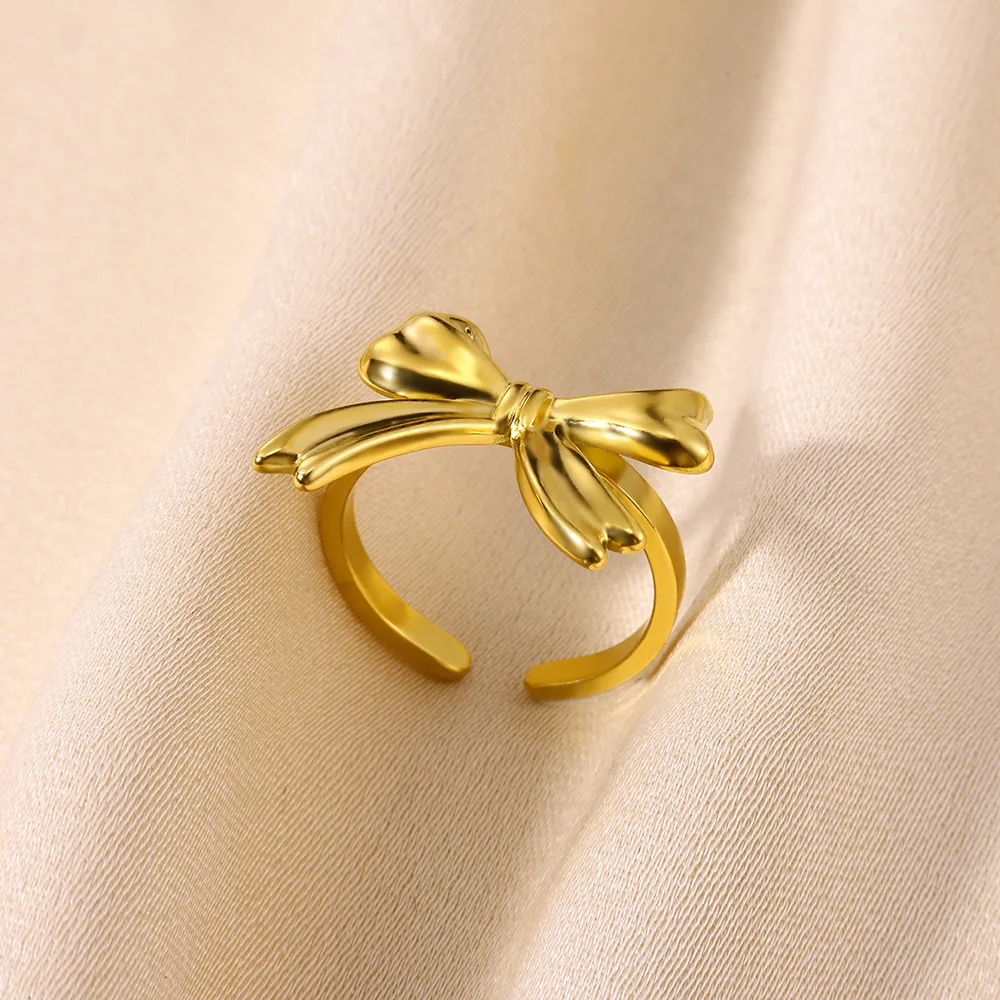 Distinctive Design Bow Opening Ring For Women Gold Color Stainless Steel Anillos Rings Wedding Party Jewelry Romantic Daily Gift