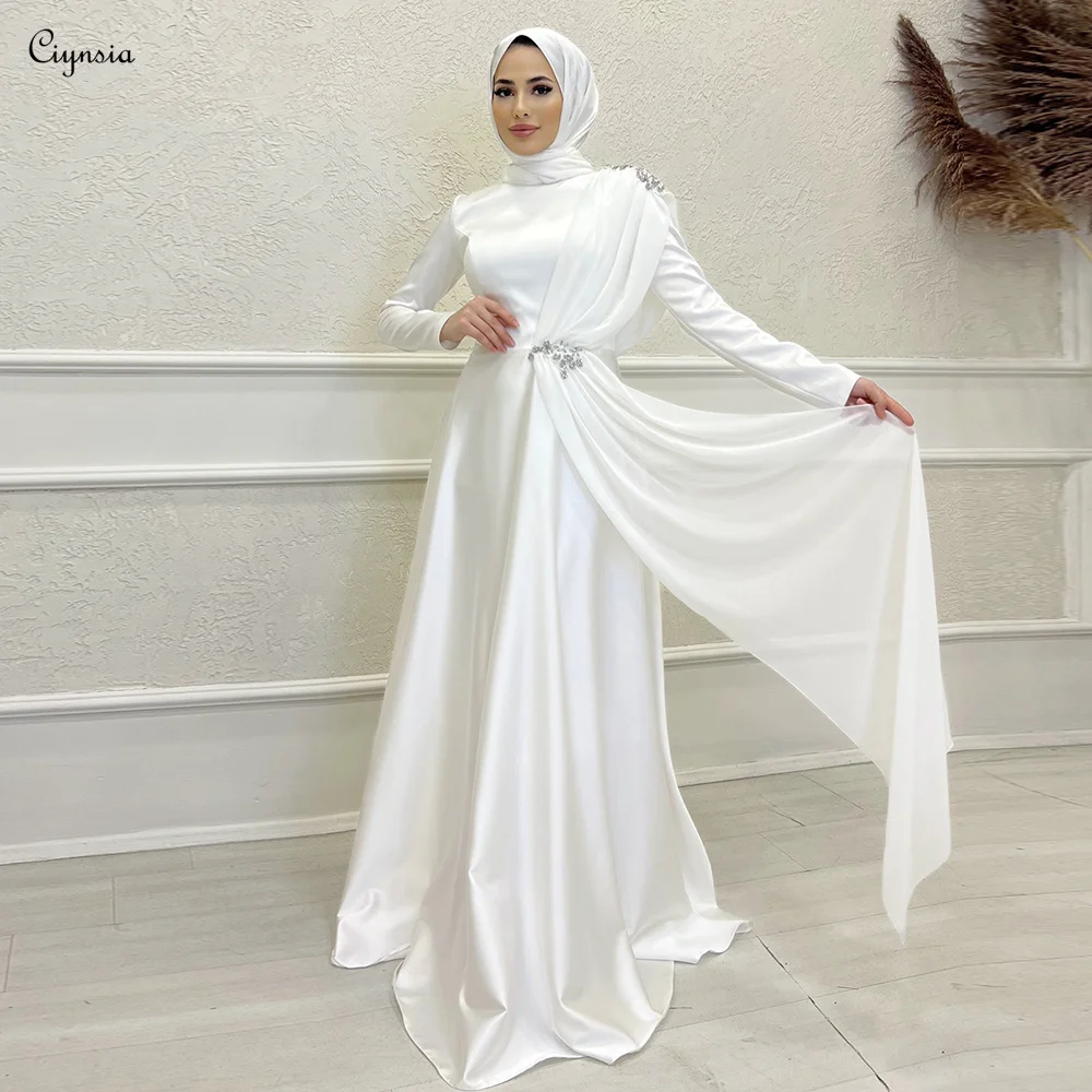 Ciynsia Elegant Dubai Hijab Wedding Dress A-Line Satin Beads Vestidos De Boda 2023 Muslim Long Sleeve Bride Gowns Bridal Robe