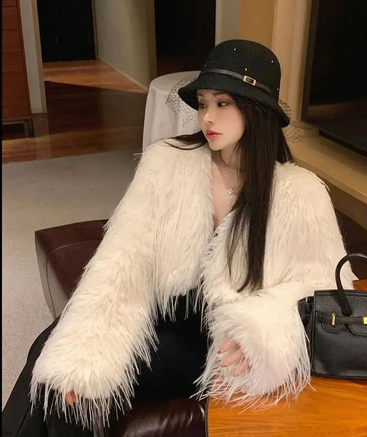 FANIECES Women Short Hairy Faux Fur Cropped Coat Winter Collarless Luxury Fluffy Imitation Fur Jacket Fashion Tassels Outerwear