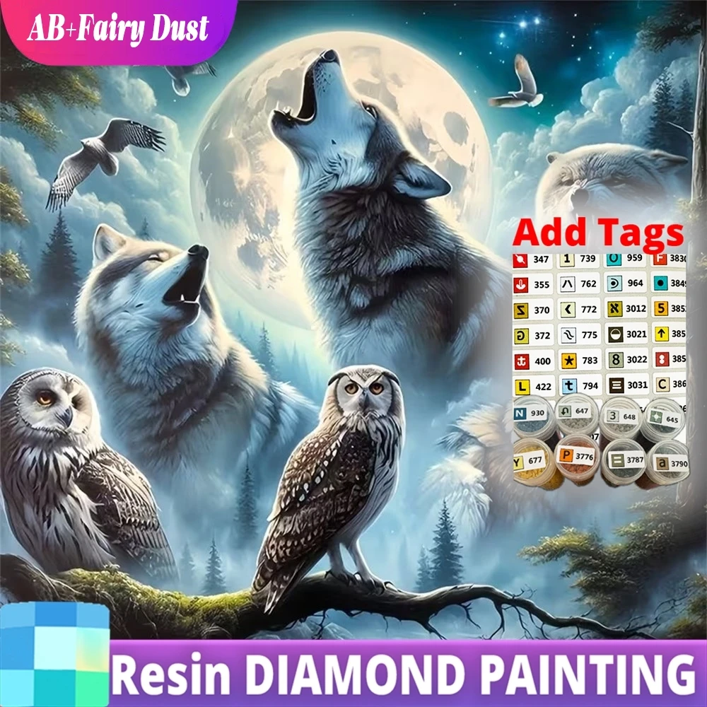 

Resin AB Fairy Dust Full Square Round Diamond Mosaic Wolf Animal Suitable for Beginners DIY Painting Owl Bird Embroidery Moon Wa