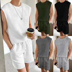 Summer New Suit Men Sleeveless Vest + Shorts Two Pieces Set Casual Sports Suit Male Fashion Trend Solid Color Jacquard Outfits