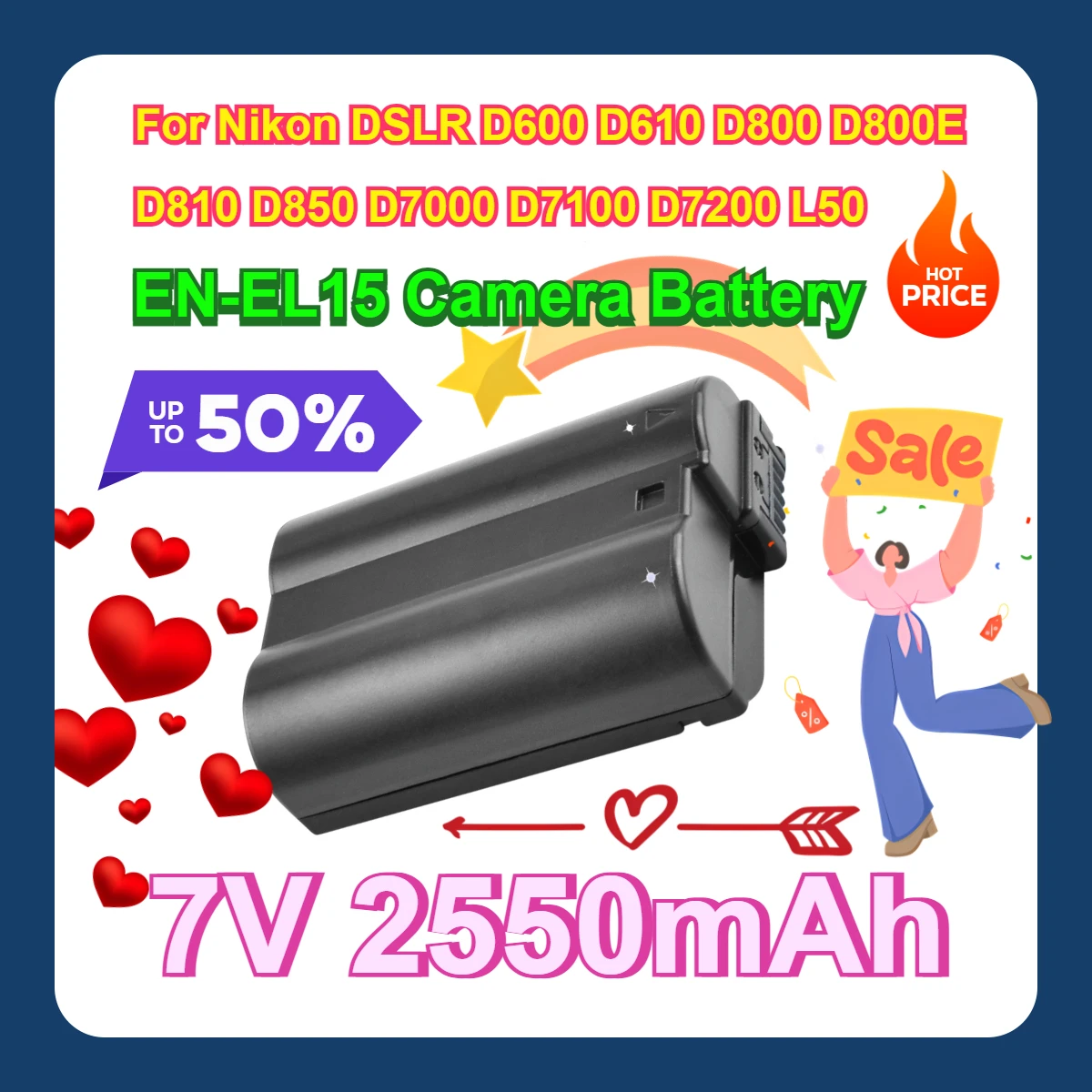 

For Nikon DSLR D600 D610 D800 D800E D810 D850 D7000 D7100 D7200 L50 7V 2550mAh EN-EL15 ENEL15 EN EL15 Camera Battery