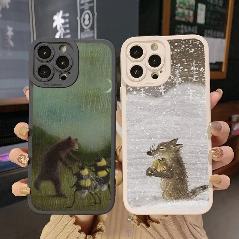 Cartoon Animal Cat Scenery Phone Case For iphone 11 12 14 13 Pro Max 7 8 14 Plus SE2020 X XR XS Autumn Night Soft Silicone Cover