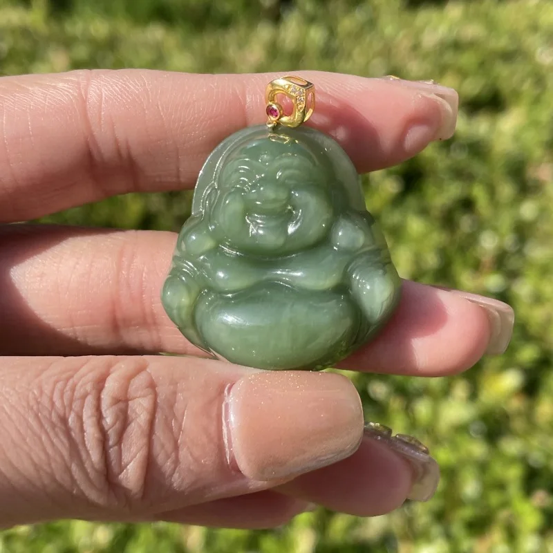 Natural Hotan Pendant 18K Jade Laughing Buddha With'S Eye Effect